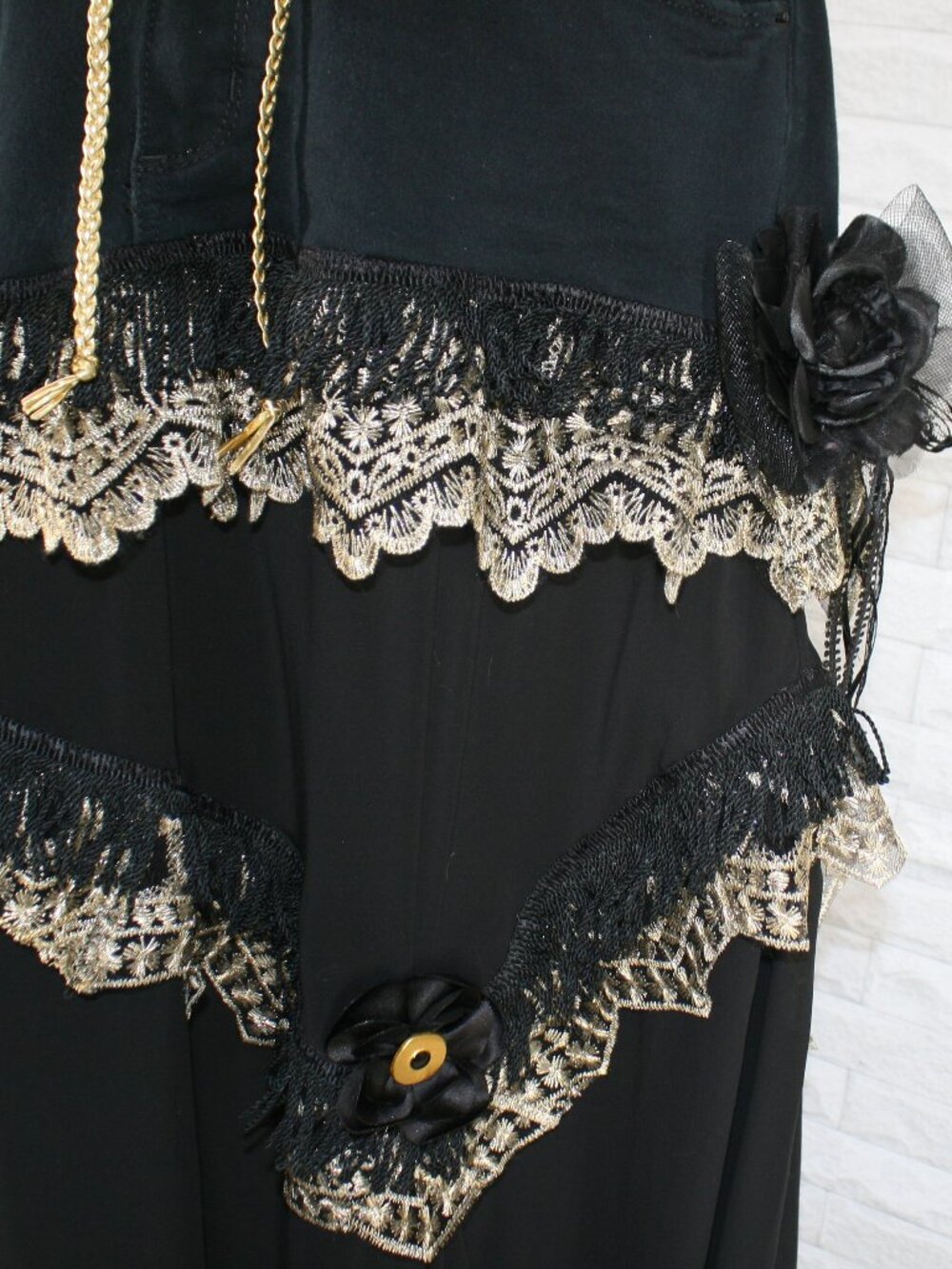 HAND CRAFTED Skirt Denim Maxi Upcycled Lace Floral Fringe Black Gold  12 - Picture 2 of 16
